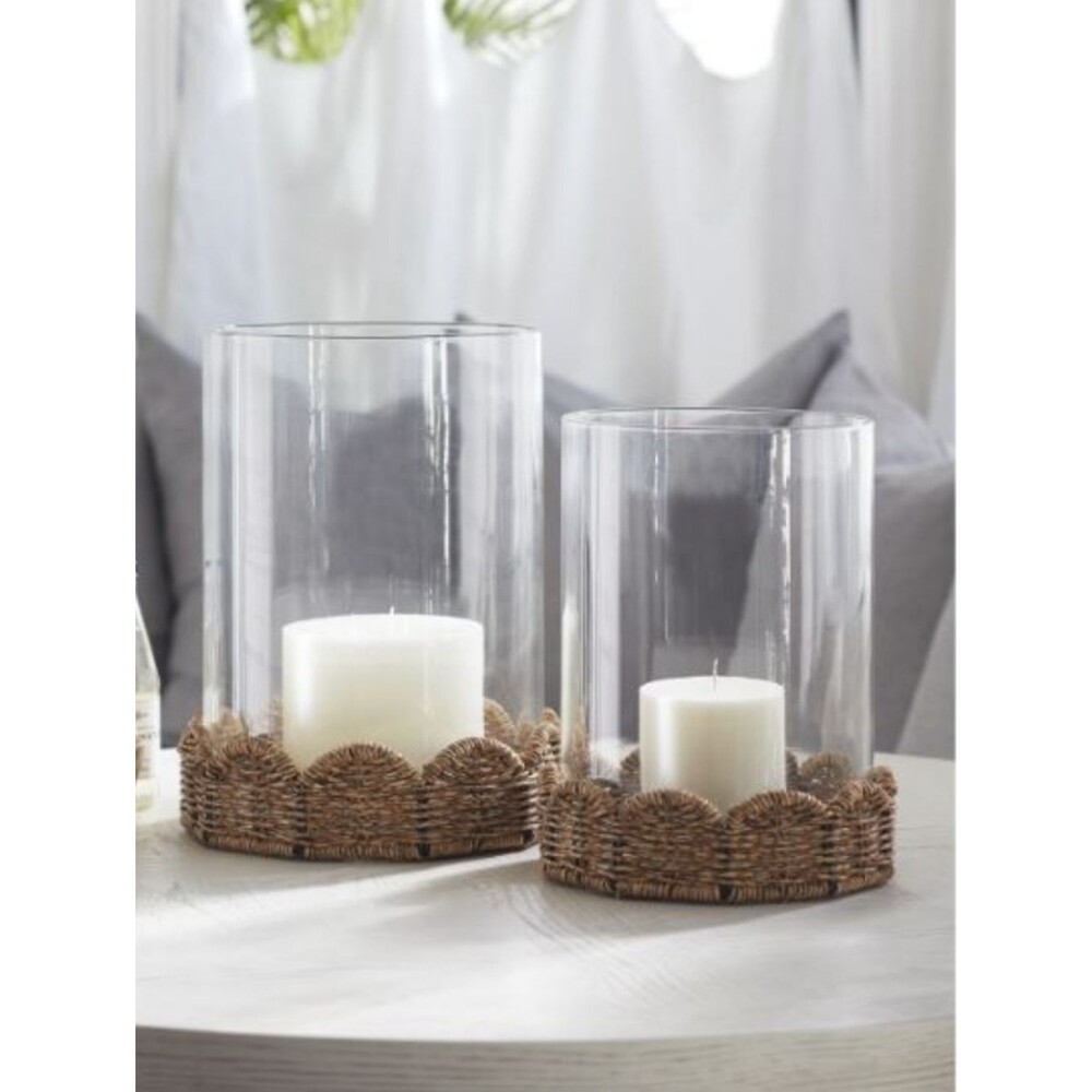Straight Lined Glass Cylinder Nestled Into A Scalloped Rattan Base 8.5x6 - Picture 8 of 8